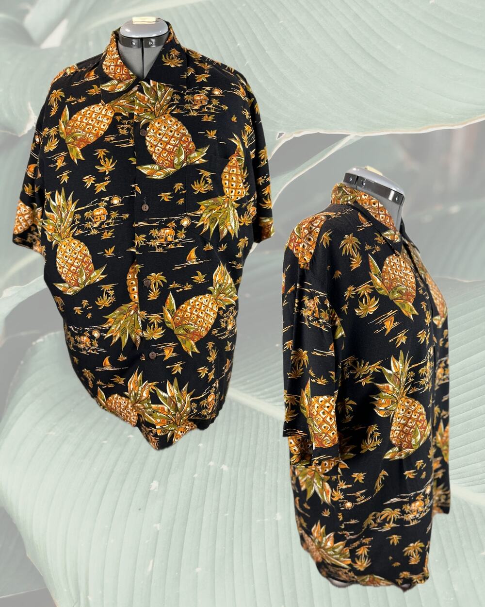 Vintage 90s Pineapple Juice Pineapples and Palms on Black Hawaiian Shirt Size L
